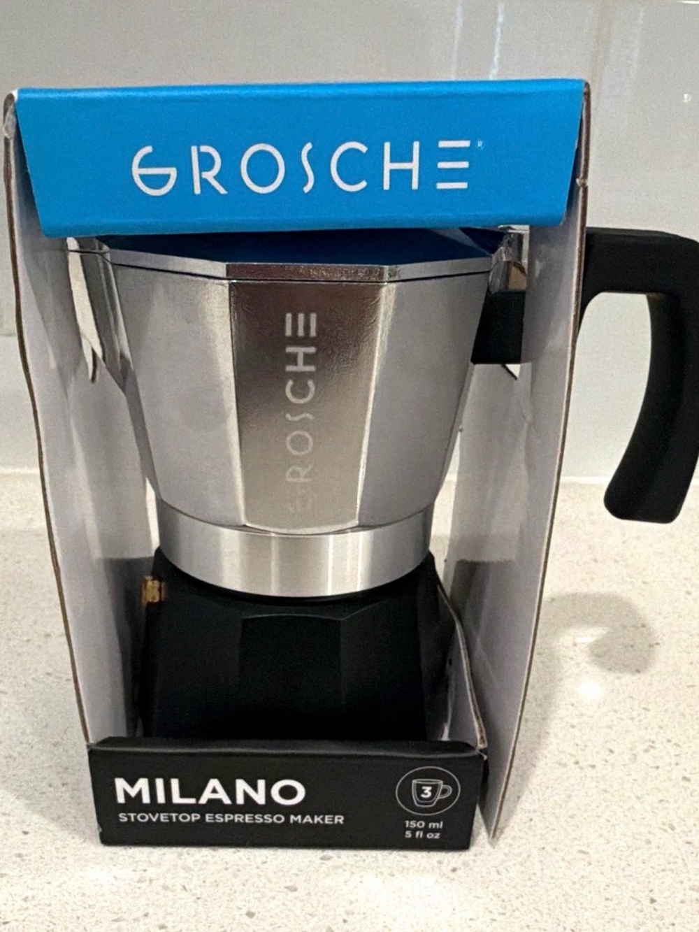 GROSCHE Milano 3 Cup Stovetop Espresso Maker Moka Pot Silver 150ml With Box